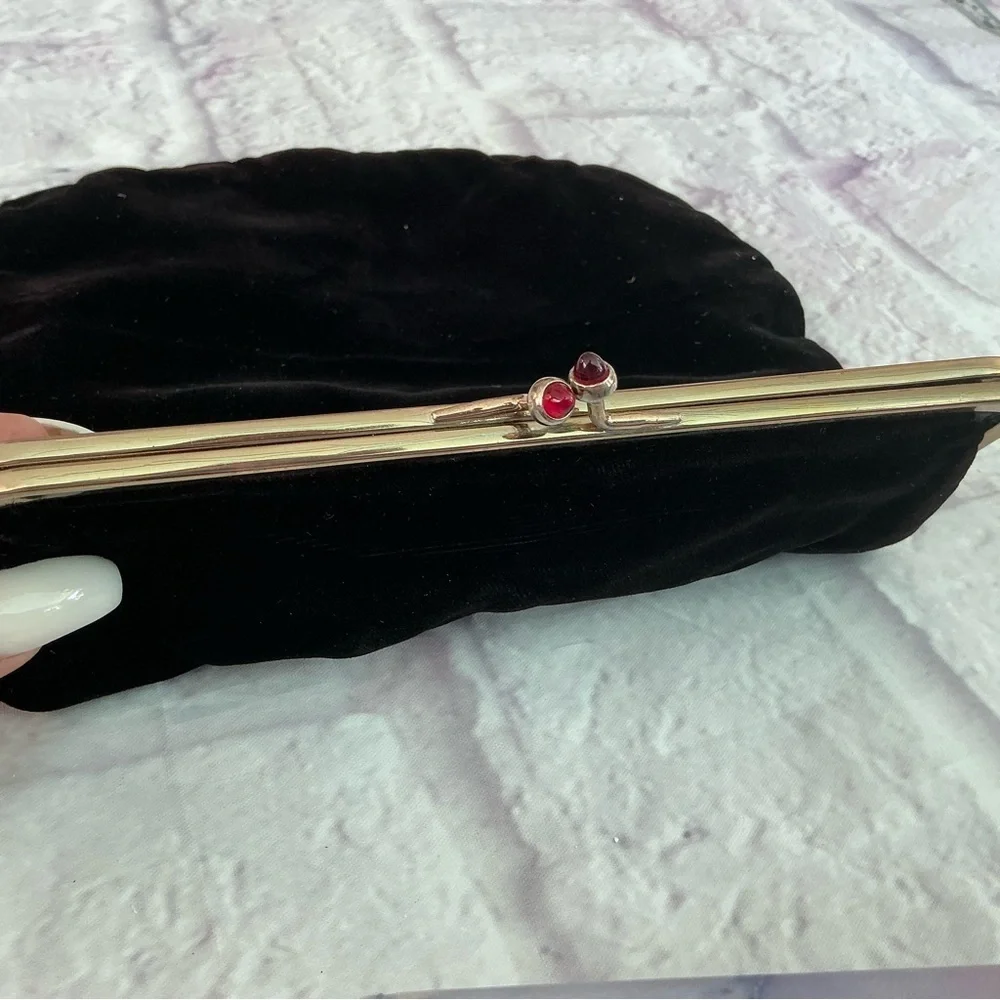 Black Velvet Fold Over Clutch Purse Clasp Red Rein Stone Tips